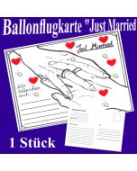 Ballonflugkarte Hochzeit Just Married, Postkarte zum Abhängen an Luftballons