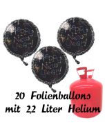 Silvester Helium Einweg Set, 20 schwarze Luftballons aus Folie, Happy New Year, Silvester