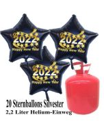 Silvester Helium Einweg Set, 20 schwarze Luftballons aus Folie, Sterne, 2022, Silvester