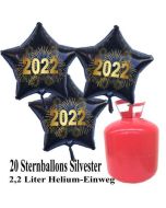 Silvester Helium Einweg Set, 20 schwarze Luftballons aus Folie, Sterne, goldene 2022, Silvester