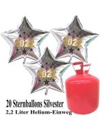 Silvester Helium Einweg Set, 20 Luftballons aus Folie, Sterne, 2022, Silvester