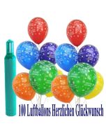 Maxi-Set 6, 100 bunte Luftballons Geburtstag, Herzlichen Glückwunsch, mit Helium