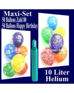 Ballons Helium Set zum 80. Geburtstag, 50 Luftballons Zahl 80 und 50 Luftballons Happy Birthday, 10 Liter Helium-Ballongas