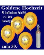 Ballons Helium Set 50 goldene Luftballons Zahl 50 im Lorbeerkranz, 3,5 Liter Ballongas, zur Goldenen Hochzeit