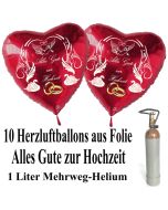Ballons Helium Set Mini, 10 Herzluftballons aus Folie in Rot, Alles Gute zur Hochzeit, 1 Liter Mehrweg Ballongas