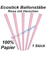 Ecostick Ballonstab aus 100 % Papier, rosa mit Herzchen, 1 Stück 