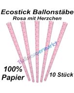 Ecostick Ballonstäbe aus 100 % Papier, rosa mit Herzchen, 10 Stück 