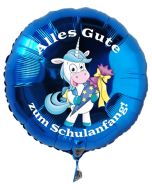 Alles Gute zum Schulanfang blauer Luftballon mit Einhorn aus Folie inklusive Ballongas Helium