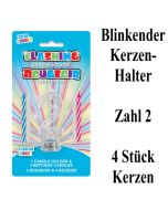 Blinkender Kerzenhalter, Zahl 2, mit 4 Geburtstagskerzen