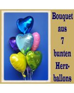 Bouquet aus 7 bunten Herzluftballons aus Folie mit Ballongas Helium zu Liebe und Valentinstag