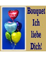 Bouquet aus 6 bunten Herzluftballons aus Folie und einem Herzballon ich liebe dich mit Ballongas Helium zu Liebe, Hochzeit und Valentinstag
