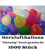 Herzluftballons bunt gemischt, 1000 Stück, günstige, preiswerte und billige Luftballons in Herzform, Herzballons aus Latex