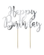 Cake Topper Happy Birthday Silber, Tortendeko zum Geburtstag