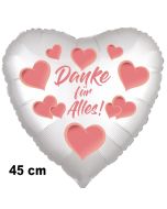 Danke für Alles. Herzluftballon aus Folie, satin-weiß-hearts, 45 cm