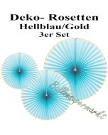 Glänzende Deko-Rosetten, Hellblau-Gold, 3 Stück-Set