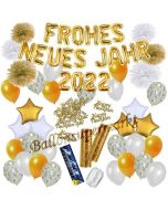 Silvester Dekorations-Set mit Ballons Frohes neues Jahr 2022 White & Gold, 49 Teile