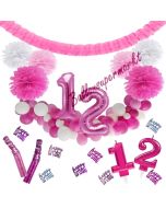 Do it Yourself Dekorations-Set mit Ballongirlande zum 12. Geburtstag, Happy Birthday Pink & White, 91 Teile