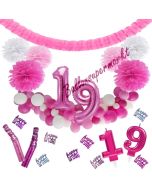 Do it Yourself Dekorations-Set mit Ballongirlande zum 19. Geburtstag, Happy Birthday Pink & White, 91 Teile