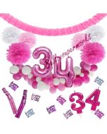 Do it Yourself Dekorations-Set mit Ballongirlande zum 34. Geburtstag, Happy Birthday Pink & White, 91 Teile