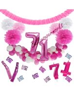 Do it Yourself Dekorations-Set mit Ballongirlande zum 71. Geburtstag, Happy Birthday Pink & White, 91 Teile