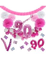 Do it Yourself Dekorations-Set mit Ballongirlande zum 90. Geburtstag, Happy Birthday Pink & White, 91 Teile