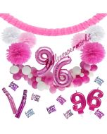 Do it Yourself Dekorations-Set mit Ballongirlande zum 96. Geburtstag, Happy Birthday Pink & White, 91 Teile