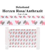 Deko-Zierband Herzen, Anthrazit-Rosa, 5 m