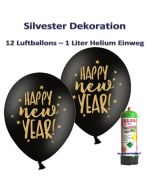 Dekoration Silbester: 12 Luftballons Happy New Year, schwarz-gold, mit 1 Liter Ballongas Einweg