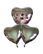Silvester Bouquet bestehend aus 3 Herzballons in Silber mit Helium, Viel Glück im neuen Jahr
