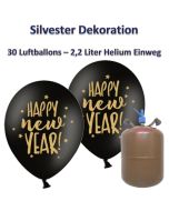 Silvester Dekoration: 30 Luftballons schwarz-gold "Happy New Year", 2,2 Liter Ballongas Einweg