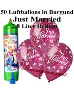 Ballons und Helium Midi Set, Just Married, burgund mit Einwegbehälter