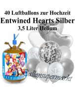 Ballons und Helium Midi Set, Entwined Hearts Silber mit Einwegbehälter