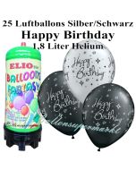 Ballons und Helium Mini Set zum Geburtstag, Happy Birthday silber/schwarz mit 1,8 Liter Einwegbehälter