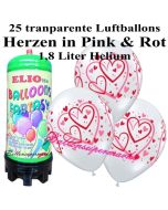 Ballons und Helium Mini Set zur Hochzeit, Heart Pattern transparent mit 1,8 liter Einwegbehälter