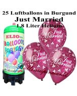Ballons und Helium Mini Set, Just Married, burgund mit 1,8 Liter Einwegbehälter
