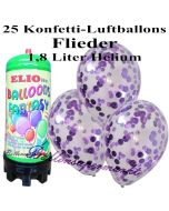 Ballons und Helium Mini Set, Konfettiballons, flieder mit 1,8 Liter Einwegbehälter