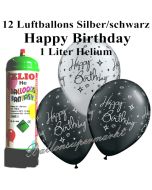 Ballons und Helium Mini Set zum Geburtstag, Happy Birthday silber/schwarz mit Einwegbehälter