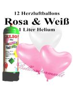 Ballons und Helium Mini Set, Herzluftballons, rosa und weiß mit Einwegbehälter