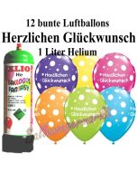 Ballons und Helium Mini Set zum Geburtstag, Herzlichen Glückwunsch, bunt mit Einwegbehälter