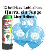 Ballons und Helium Mini Set zu Geburt, Babyparty, Taufe, Hurra, ein Junge mit Einwegbehälter