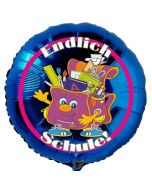 Endlich Schule! Blauer Luftballon mit Ballongas Helium gefüllt zur Einschulung, zum Schulanfang