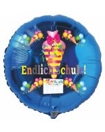 Endlich Schule! Blauer, runder Luftballon mit Helium zum Schulanfang. Geschenk zur Einschulung