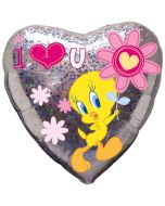 Herzluftballon Tweety Love You Forever, holografisch, ohne Helium-Ballongas