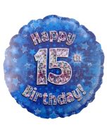 Luftballon aus Folie zum 15. Geburtstag, blauer Rundballon, Junge, Zahl 15, inklusive Ballongas