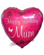 Geburtstags-Herzluftballon Happy Birthday Mum, ohne Helium-Ballongas