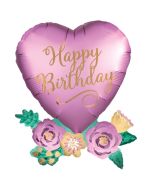 Happy Birthday Satin Herz mit Blumen Luftballon zum Geburtstag mit Helium Ballongas