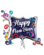 Großer Cluster Luftballon aus Folie zu Silvester und Neujahr, Happy New Year, Swirl Frame