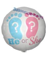 He or She Luftballon mit Helium zur Gender Reveal Party