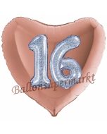 Herzluftballon Jumbo Zahl 16, rosegold-silber-holografisch mit 3D-Effekt zum 16. Geburtstag