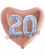 Herzluftballon Jumbo Zahl 20, rosegold-silber-holografisch mit 3D-Effekt zum 20. Geburtstag